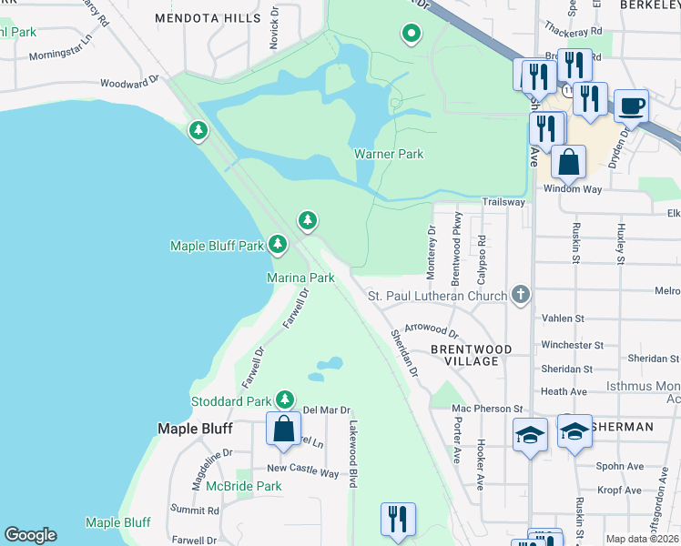 map of restaurants, bars, coffee shops, grocery stores, and more near 2202 Sheridan Drive in Madison