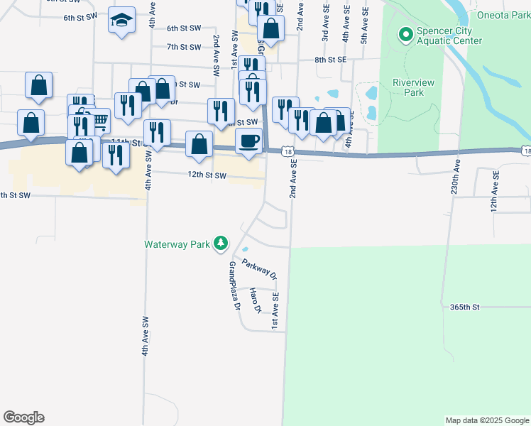 map of restaurants, bars, coffee shops, grocery stores, and more near 11 Pleasant Boulevard in Spencer