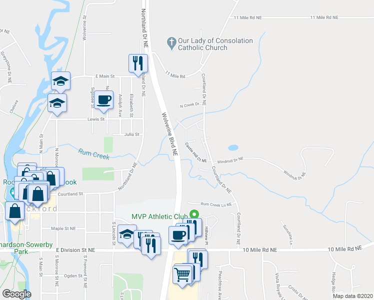 map of restaurants, bars, coffee shops, grocery stores, and more near 8783 Courtland Drive Northeast in Rockford
