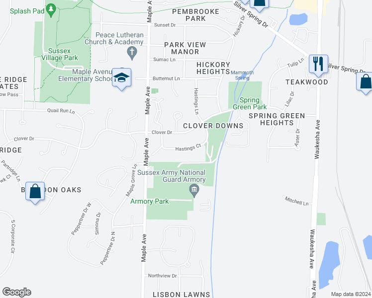 map of restaurants, bars, coffee shops, grocery stores, and more near Hastings Court in Sussex