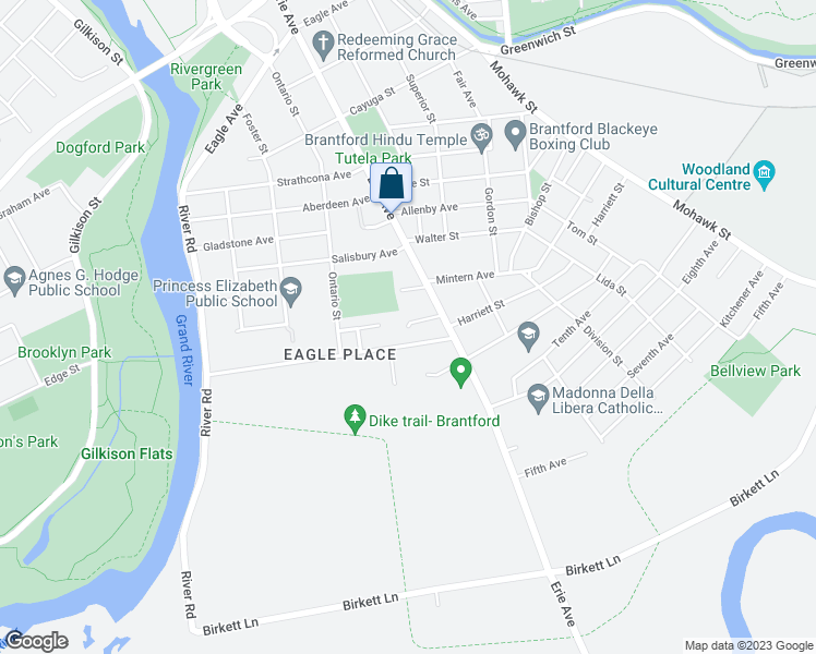 map of restaurants, bars, coffee shops, grocery stores, and more near 76 Canada Court in Brantford