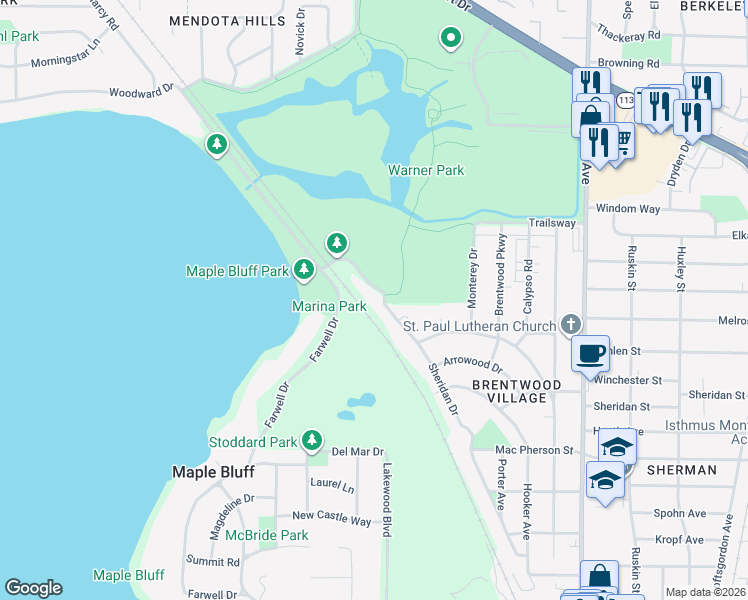 map of restaurants, bars, coffee shops, grocery stores, and more near 2202 Sheridan Drive in Madison