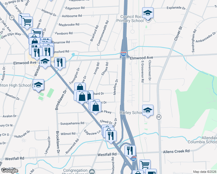 map of restaurants, bars, coffee shops, grocery stores, and more near 42 Willowdale Drive in Rochester