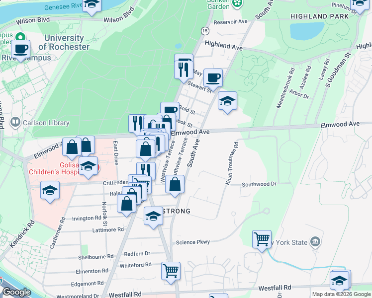 map of restaurants, bars, coffee shops, grocery stores, and more near 67 Southview Terrace in Rochester