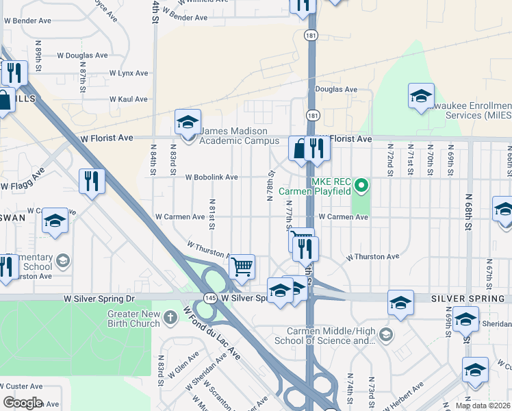 map of restaurants, bars, coffee shops, grocery stores, and more near 5808 North 79th Street in Milwaukee