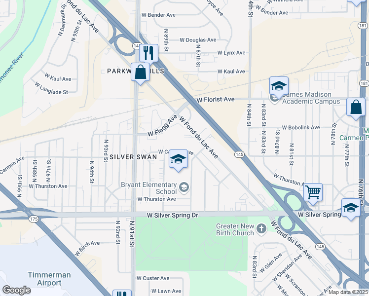 map of restaurants, bars, coffee shops, grocery stores, and more near 8736 West Carmen Avenue in Milwaukee