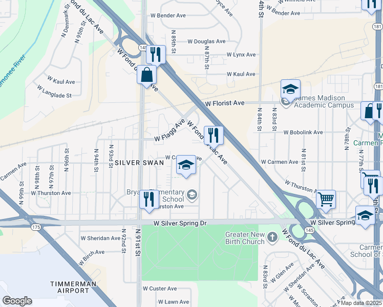 map of restaurants, bars, coffee shops, grocery stores, and more near 8736 West Carmen Avenue in Milwaukee
