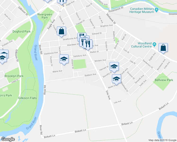 map of restaurants, bars, coffee shops, grocery stores, and more near 62 Canada Court in Brantford