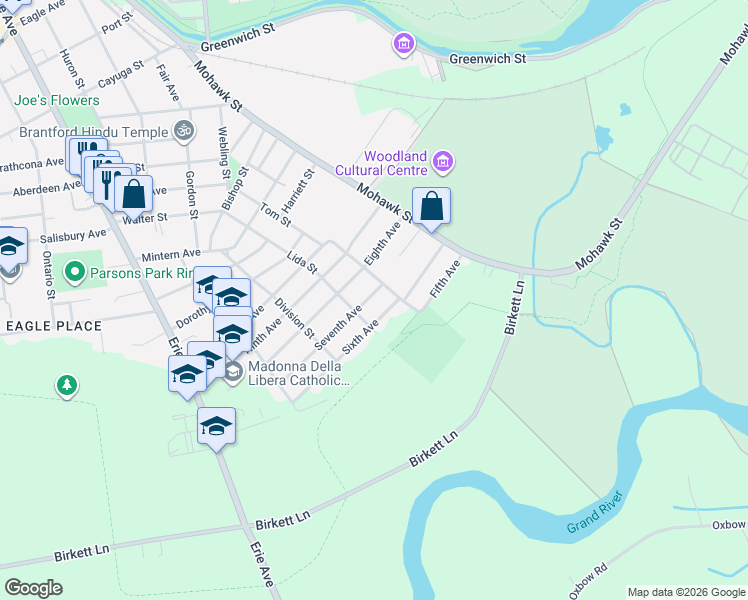 map of restaurants, bars, coffee shops, grocery stores, and more near 54 Seventh Avenue in Brantford