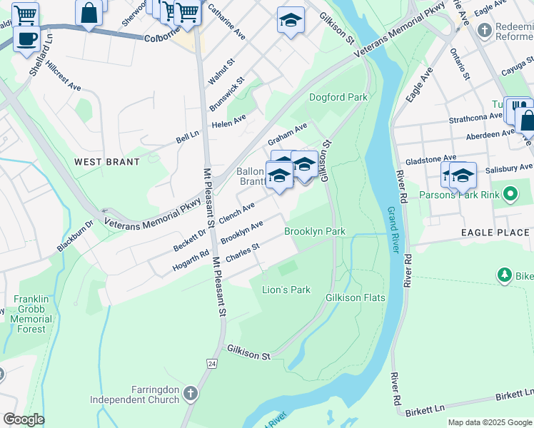 map of restaurants, bars, coffee shops, grocery stores, and more near 26 Brooklyn Avenue in Brantford