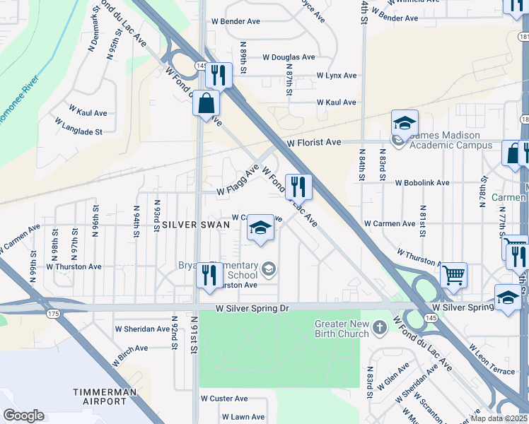 map of restaurants, bars, coffee shops, grocery stores, and more near 8736 West Carmen Avenue in Milwaukee