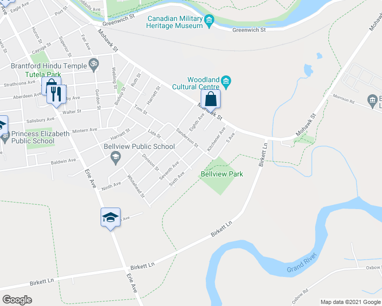 map of restaurants, bars, coffee shops, grocery stores, and more near 54 Seventh Avenue in Brantford
