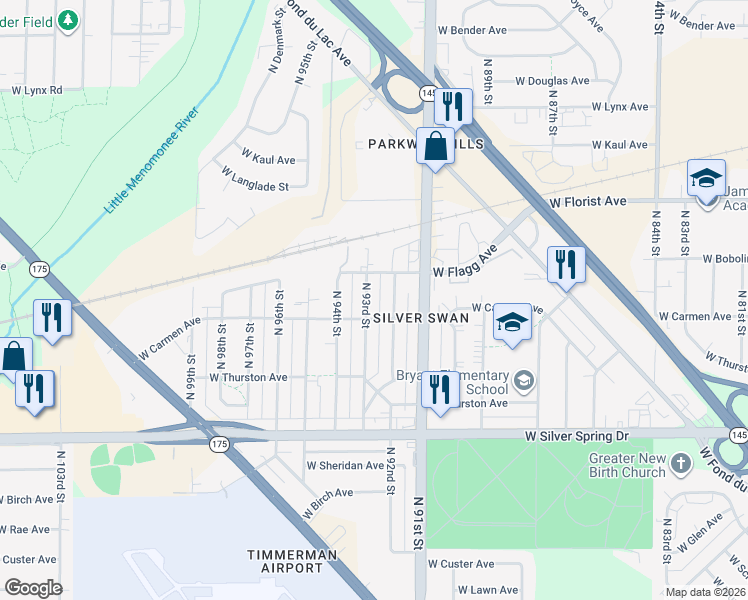 map of restaurants, bars, coffee shops, grocery stores, and more near 5807 North 92nd Street in Milwaukee