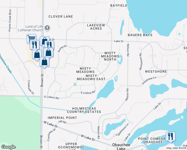map of restaurants, bars, coffee shops, grocery stores, and more near W355N5745 East Lisbon Road in Oconomowoc