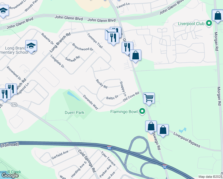 map of restaurants, bars, coffee shops, grocery stores, and more near 110 Rocky Rd in Liverpool