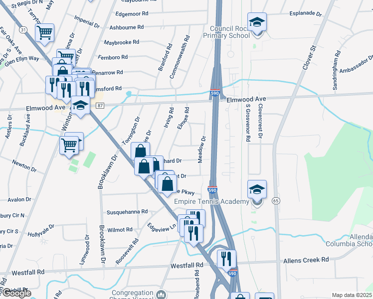 map of restaurants, bars, coffee shops, grocery stores, and more near 42 Willowdale Drive in Rochester