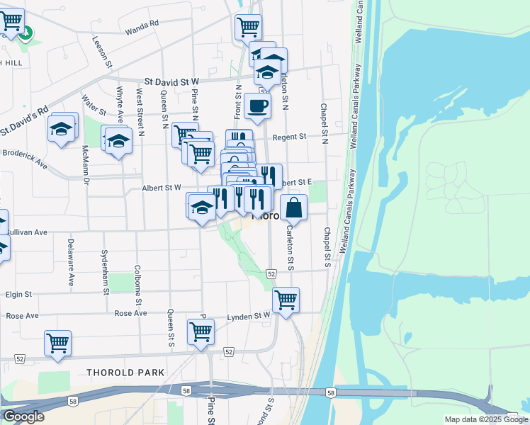 map of restaurants, bars, coffee shops, grocery stores, and more near 18 Clairmont Street in Thorold