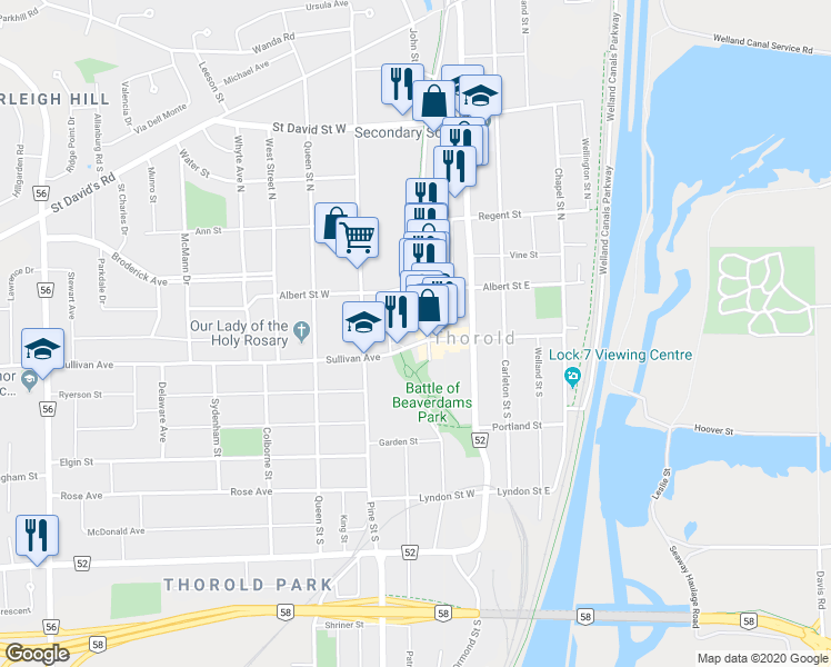 map of restaurants, bars, coffee shops, grocery stores, and more near 2 B Sullivan Avenue in Thorold