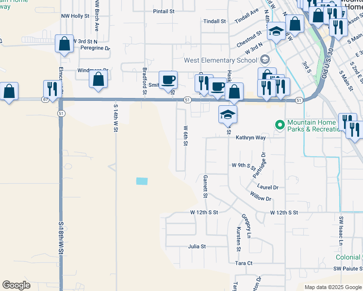 map of restaurants, bars, coffee shops, grocery stores, and more near 1115 West 6th South in Mountain Home