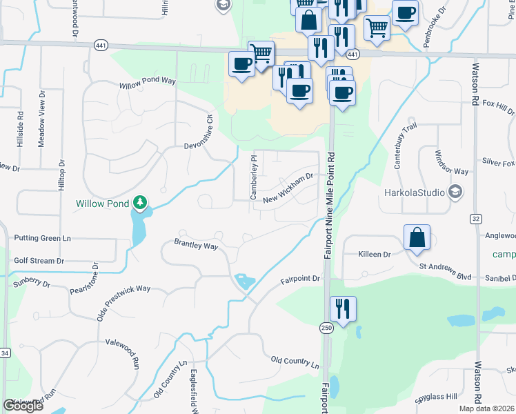 map of restaurants, bars, coffee shops, grocery stores, and more near 69 Camberley Place in Penfield