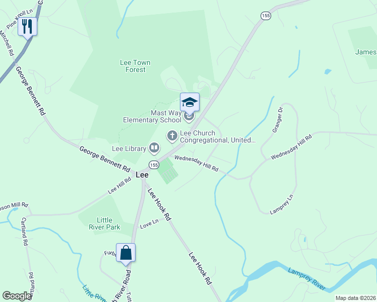 map of restaurants, bars, coffee shops, grocery stores, and more near 1 Wednesday Hill Road in Lee