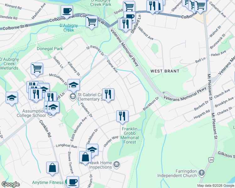 map of restaurants, bars, coffee shops, grocery stores, and more near 25 Draper Street in Brantford