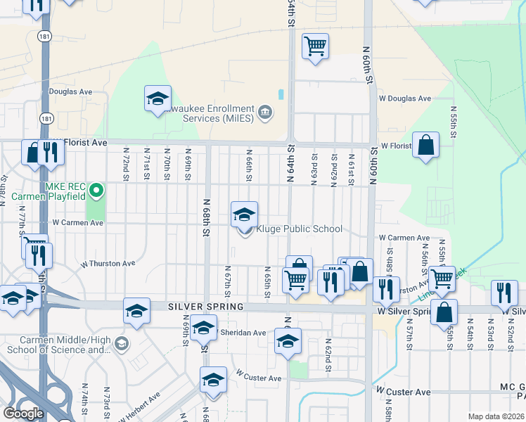 map of restaurants, bars, coffee shops, grocery stores, and more near 6520 West Carmen Avenue in Milwaukee