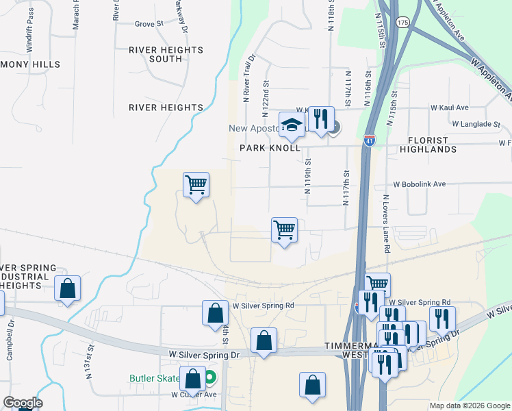 map of restaurants, bars, coffee shops, grocery stores, and more near 5843 North 121st Street in Milwaukee
