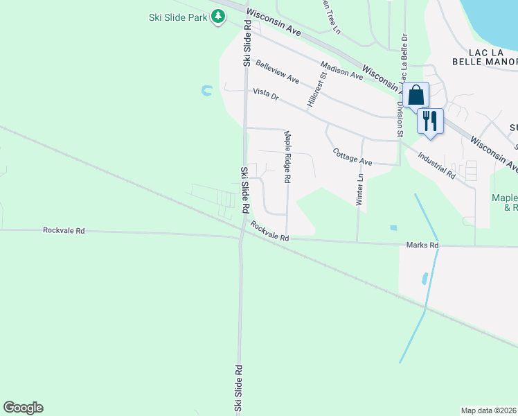 map of restaurants, bars, coffee shops, grocery stores, and more near N7741 Vicksburg Way in Oconomowoc