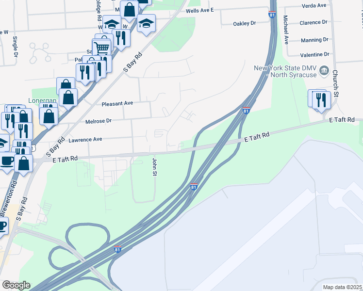 map of restaurants, bars, coffee shops, grocery stores, and more near 5655 East Taft Road in Syracuse