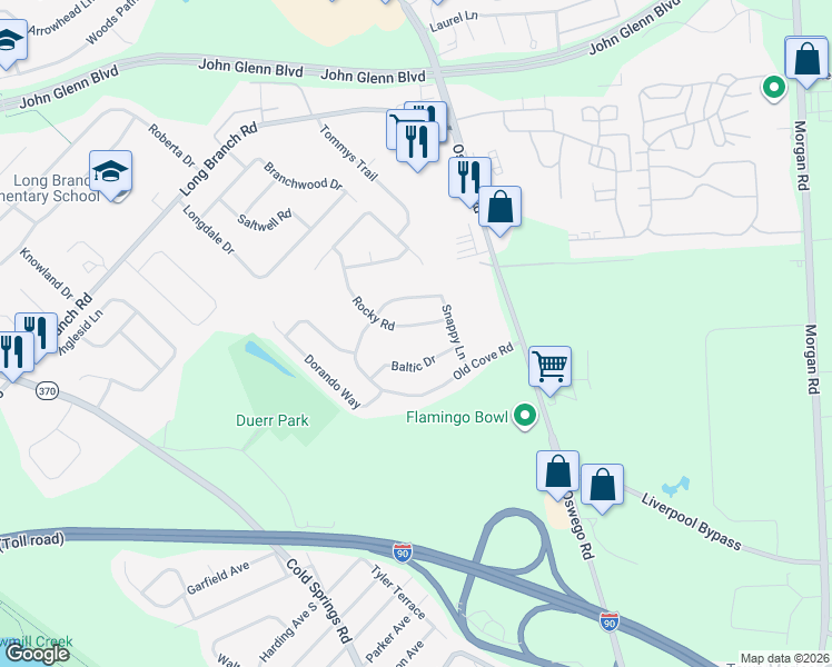map of restaurants, bars, coffee shops, grocery stores, and more near 110 Rocky Road in Liverpool
