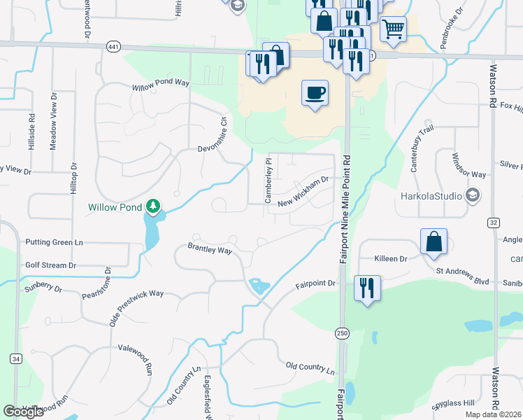map of restaurants, bars, coffee shops, grocery stores, and more near 69 Camberley Place in Penfield