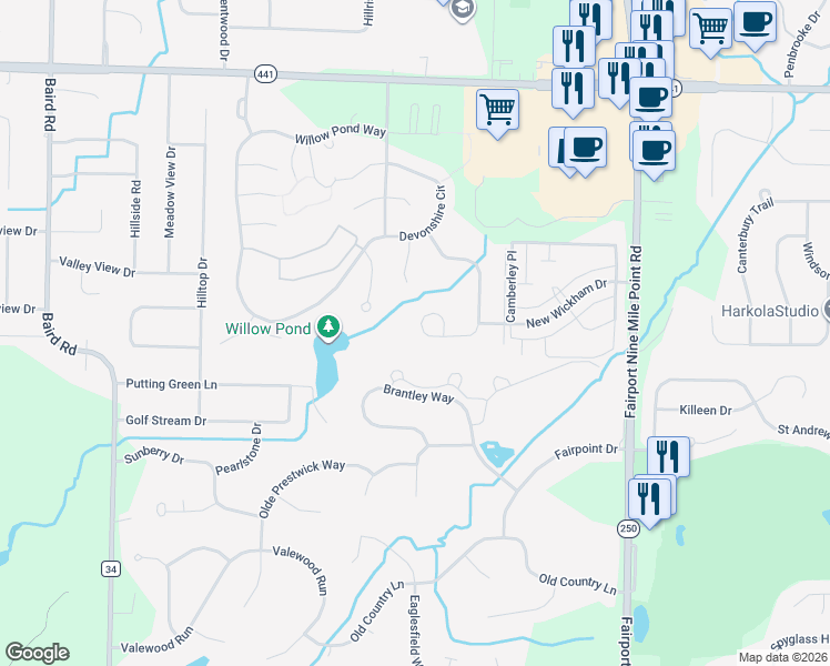 map of restaurants, bars, coffee shops, grocery stores, and more near 168 Courtshire Lane in Penfield