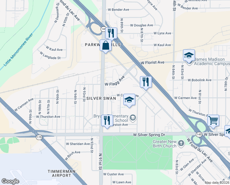 map of restaurants, bars, coffee shops, grocery stores, and more near 8940 West Carmen Avenue in Milwaukee