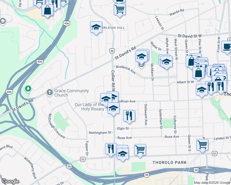 map of restaurants, bars, coffee shops, grocery stores, and more near 10 Collier Road North in Thorold
