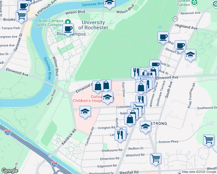 map of restaurants, bars, coffee shops, grocery stores, and more near Thomas H Jackson Drive in Rochester