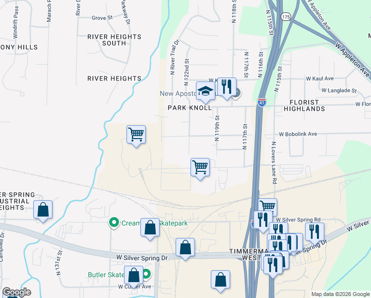 map of restaurants, bars, coffee shops, grocery stores, and more near 5843 North 121st Street in Milwaukee