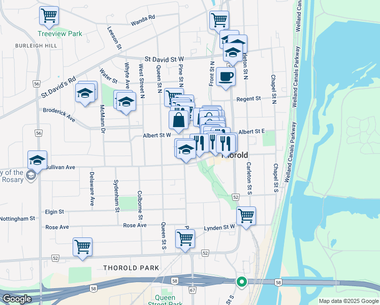 map of restaurants, bars, coffee shops, grocery stores, and more near 13 Pine Street South in Thorold