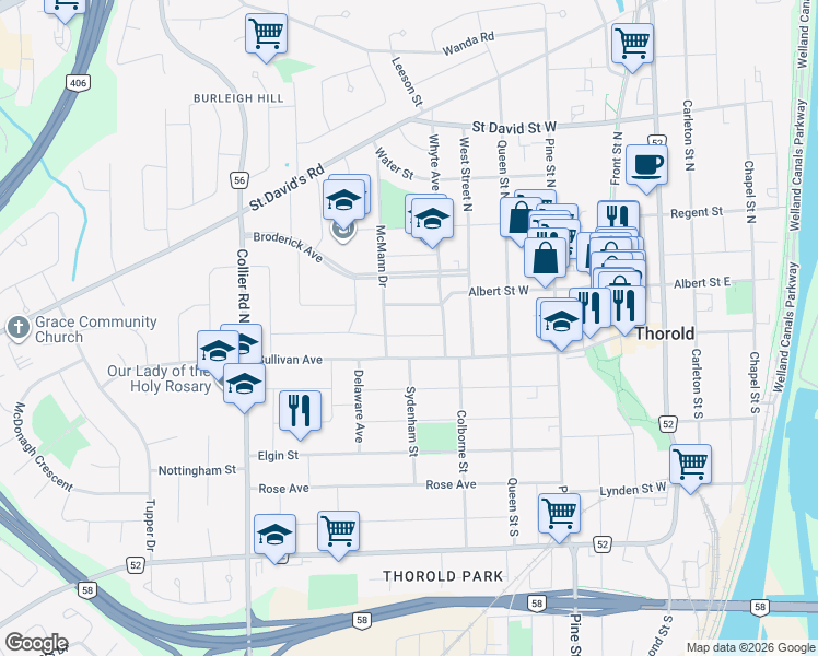 map of restaurants, bars, coffee shops, grocery stores, and more near 20 Thompson Avenue in Thorold