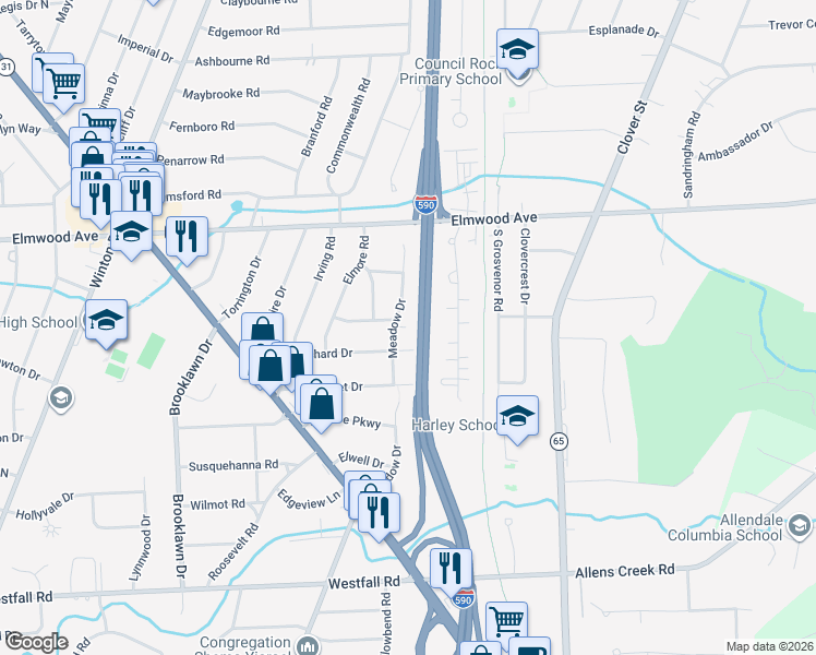 map of restaurants, bars, coffee shops, grocery stores, and more near 168 Meadow Drive in Rochester