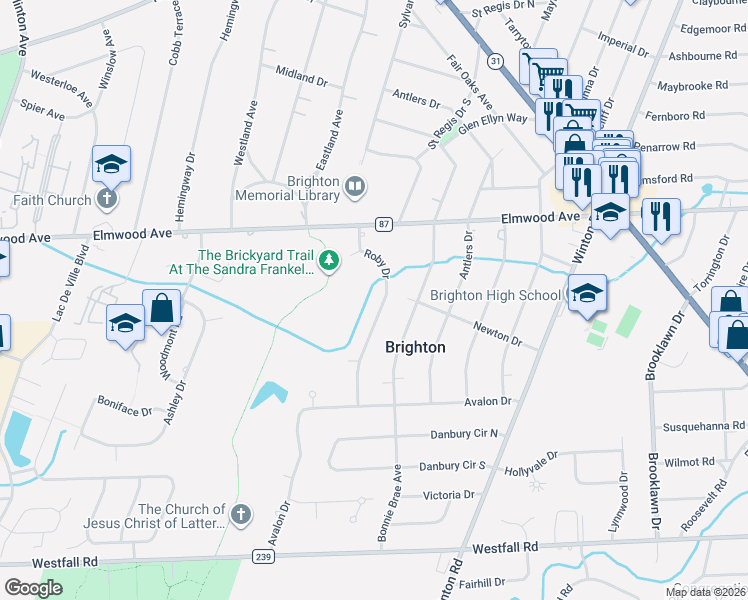 map of restaurants, bars, coffee shops, grocery stores, and more near 119 Roby Drive in Rochester