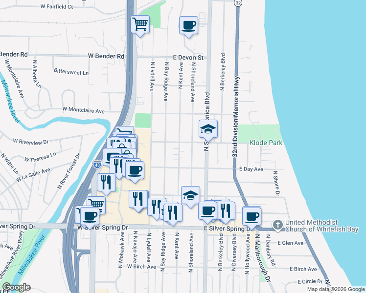 map of restaurants, bars, coffee shops, grocery stores, and more near 5850 North Kent Avenue in Whitefish Bay