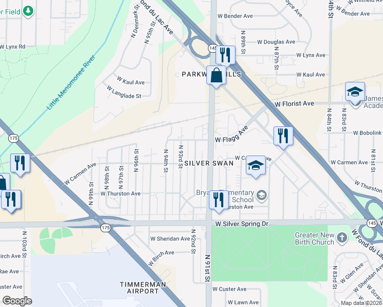 map of restaurants, bars, coffee shops, grocery stores, and more near 5807 North 92nd Street in Milwaukee