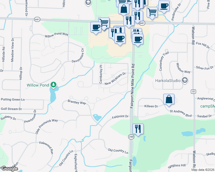 map of restaurants, bars, coffee shops, grocery stores, and more near 98 New Wickham Drive in Penfield