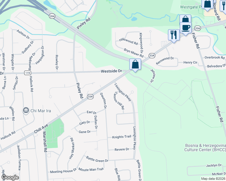 map of restaurants, bars, coffee shops, grocery stores, and more near 7 Daunton Drive in Rochester