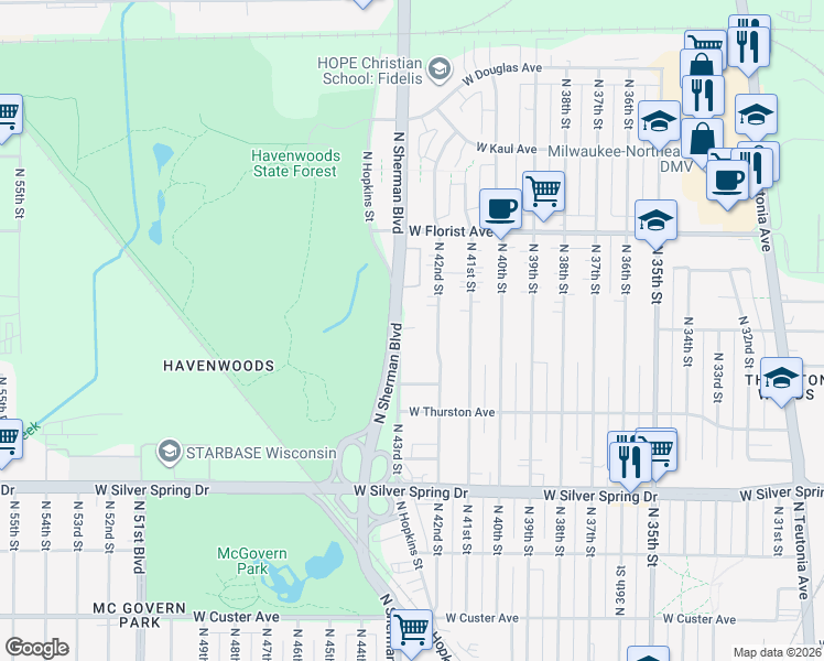 map of restaurants, bars, coffee shops, grocery stores, and more near 5822 North 43rd Street in Milwaukee