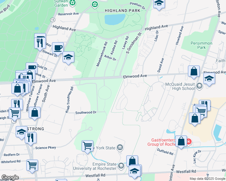 map of restaurants, bars, coffee shops, grocery stores, and more near 1167 Elmwood Avenue in Rochester