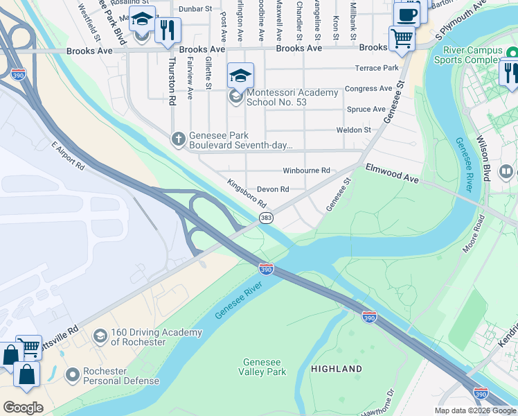 map of restaurants, bars, coffee shops, grocery stores, and more near 27 Kingsboro Road in Rochester
