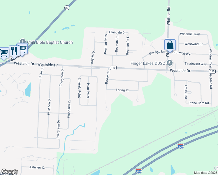 map of restaurants, bars, coffee shops, grocery stores, and more near 19 Baylor Circle in Rochester