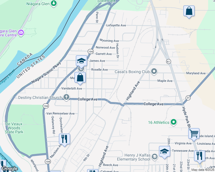 map of restaurants, bars, coffee shops, grocery stores, and more near 1321 Vanderbilt Avenue in Niagara Falls